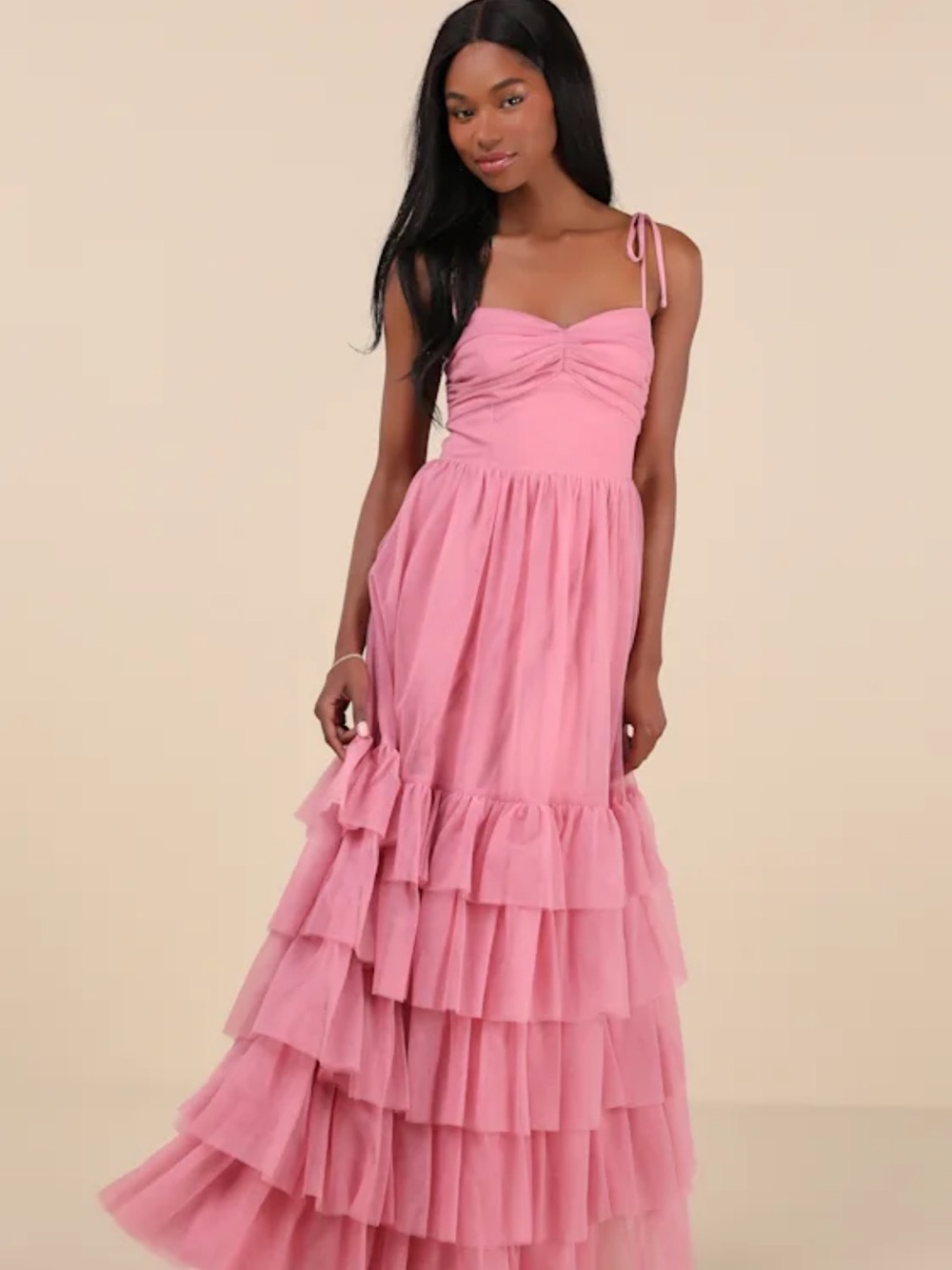 Lulu's Dusty Pink Ruffled Maxi Dress with Tie Straps